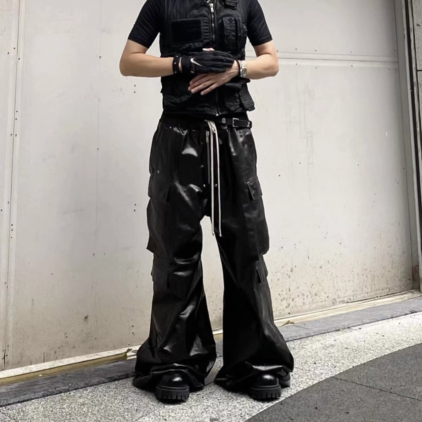 Coated Wide Legged Black Pants