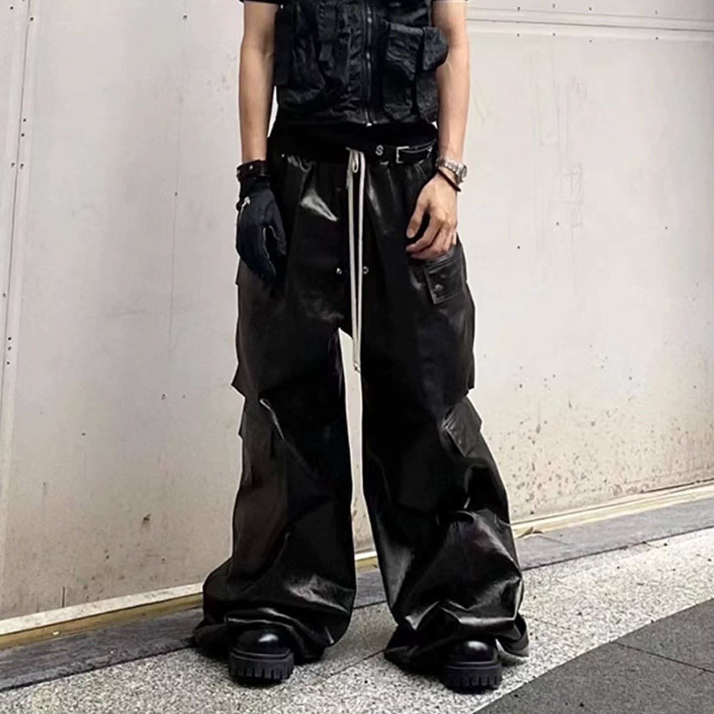 Coated Wide Legged Black Pants