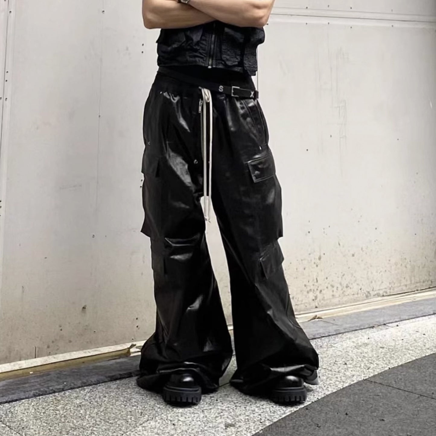 Coated Wide Legged Black Pants