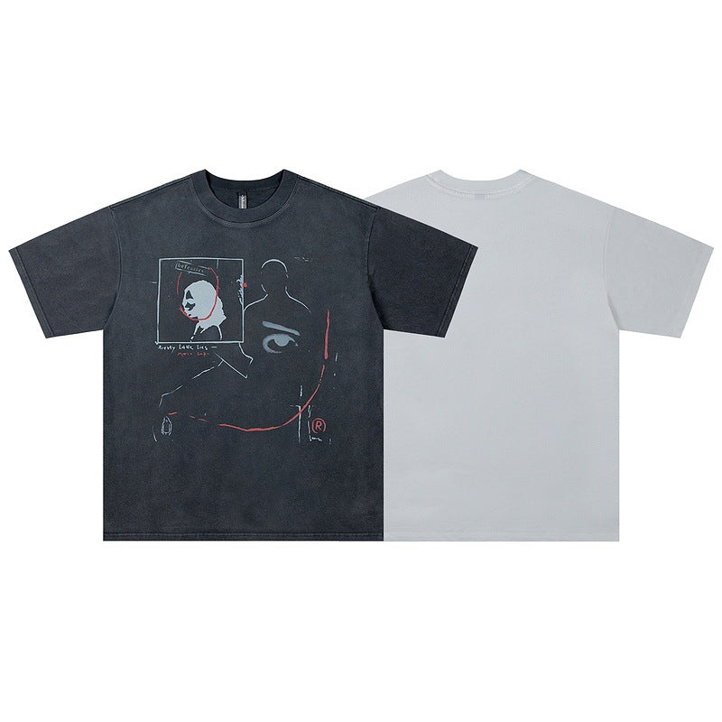 Faded Illusory Face Print Short Sleeve Loose