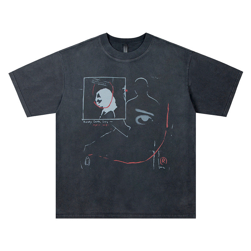 Faded Illusory Face Print Short Sleeve Loose